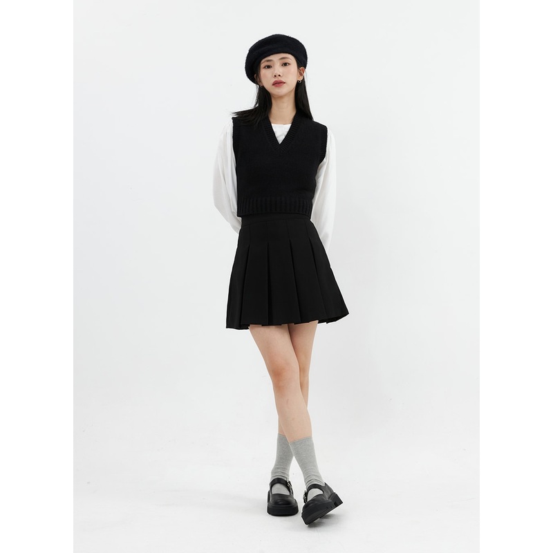 Pleated Mini Skirt OS326|Black|Light beige|Dark brown|Gray|S/M