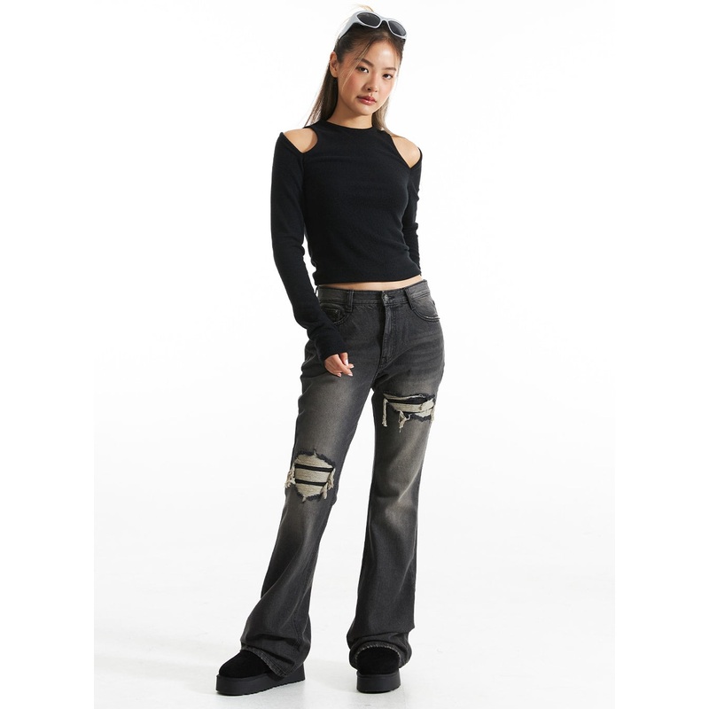 Ripped Bootcut Jeans CO313|Black|S|M|L