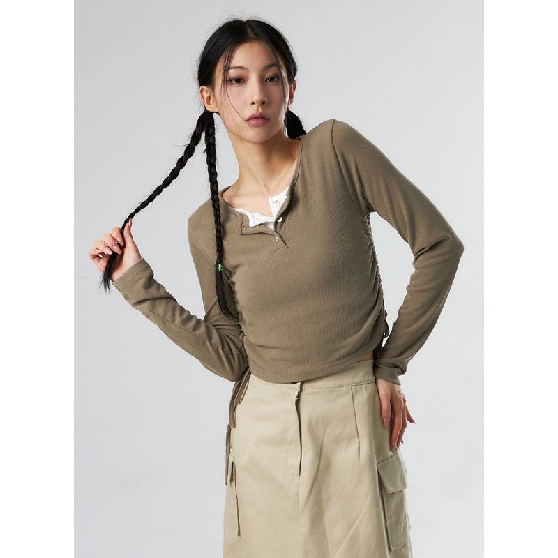 Ruched Long Sleeve Top IS327|Brown|Gray|Black|S/M
