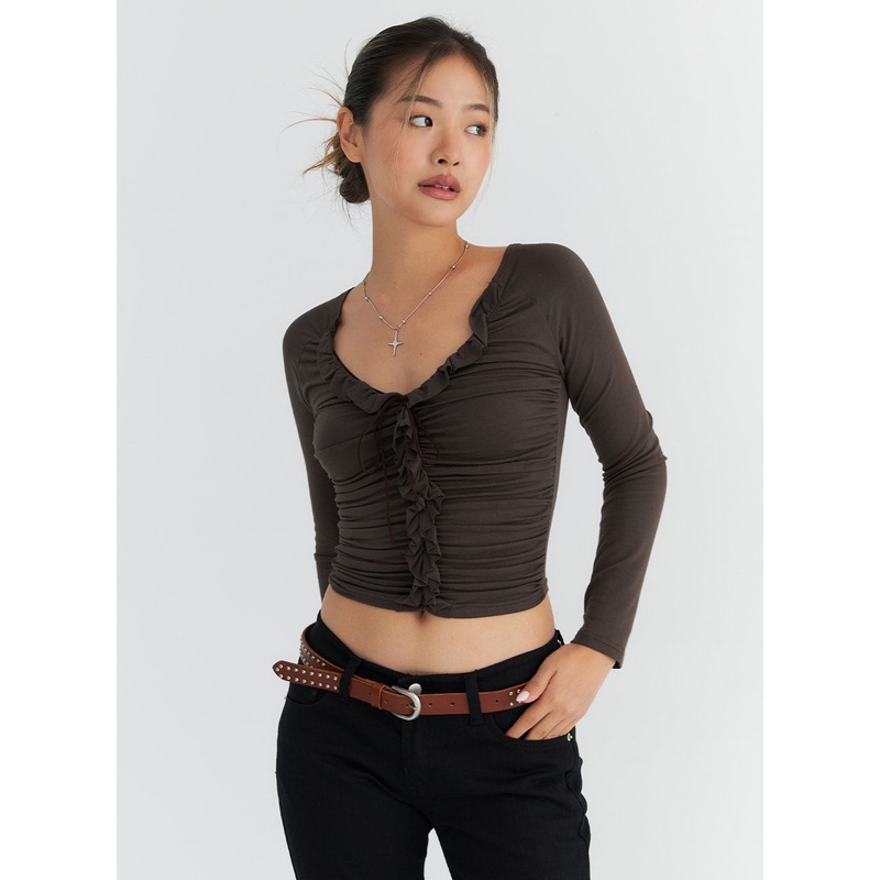 Ruffled U-Neck Crop Top CO313|Dark brown|Light beige|Black|S/M