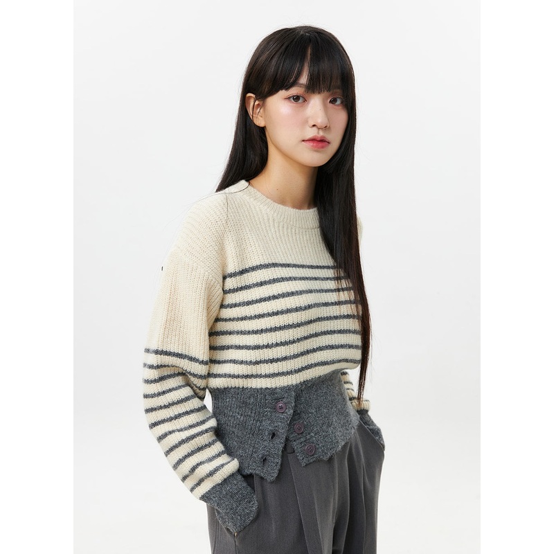 Stripe Buttoned Sweater OS306|Yellow|Dark red|Green|Gray|S/M