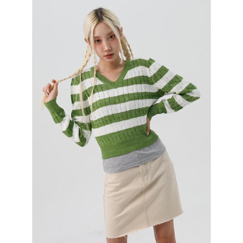 Striped V-Neck Sweater IS307|White|Light beige|Light green|Light blue|Grey|Black|S/M