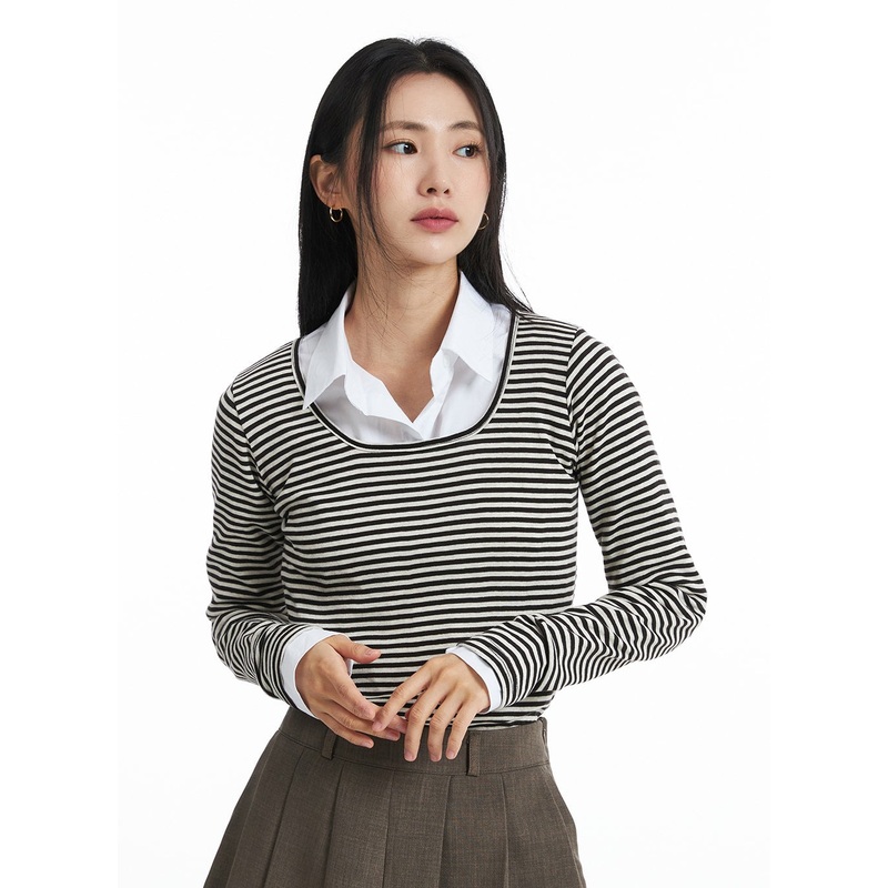U-Neck Stripe Long Sleeve Tee OO319