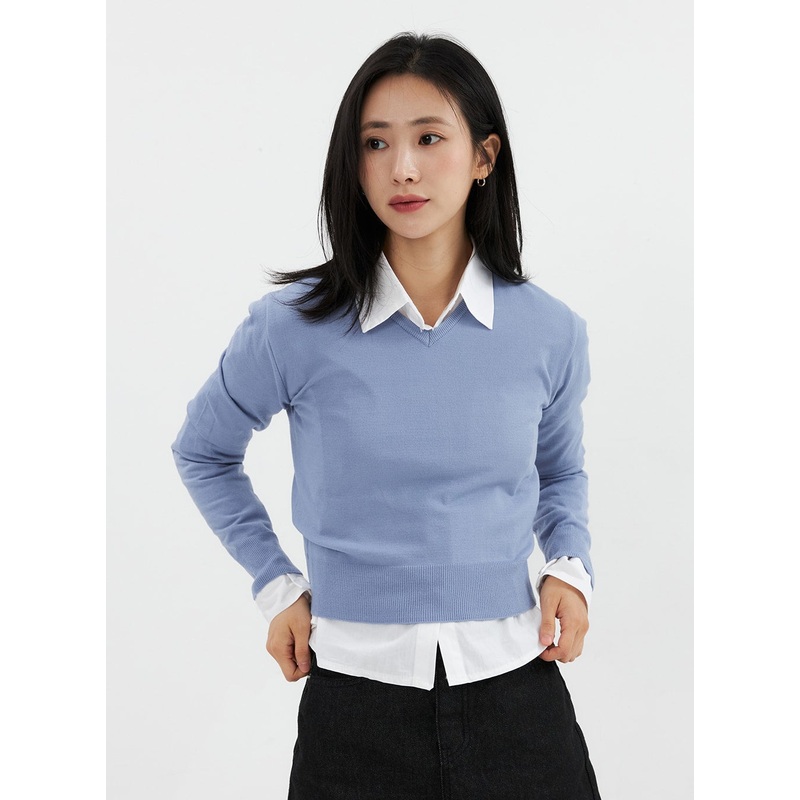 V-Neck Knit Sweater OO304|Light blue|White|Light beige|Pink|Beige|Brown|Dark brown|Green|Dark blue|Gray|Dark gray|Black|S/M