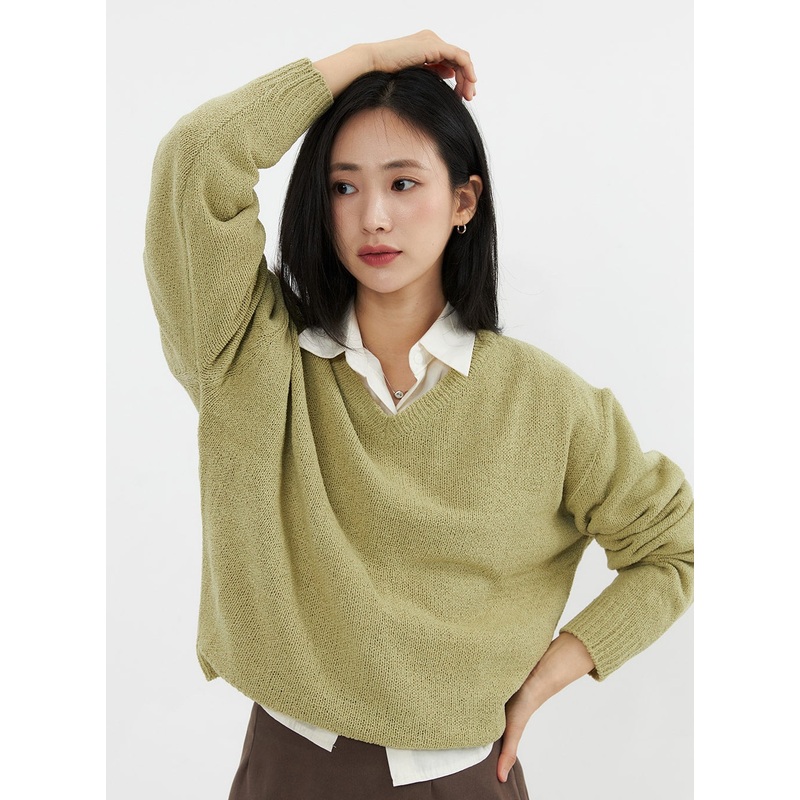 V-Neck Knit Sweater OO305|Green|Beige|Pink|Gray|Black|S/M