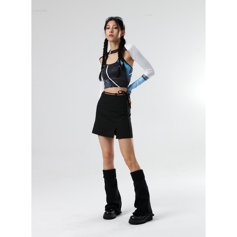 Waist Strap Mini Skirt IS327|Black|White|Dark gray|S|M