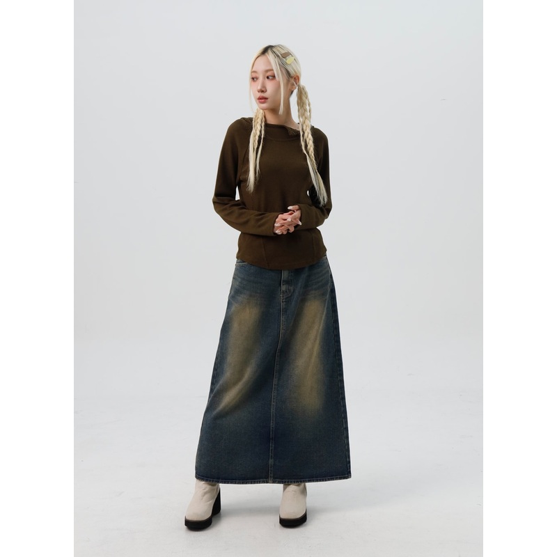 Washed Denim Maxi Flair Skirt IS307