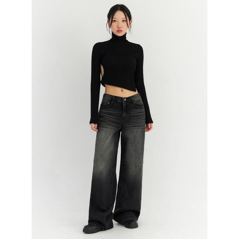 Back Slit Washed Wide Leg Jeans CN306