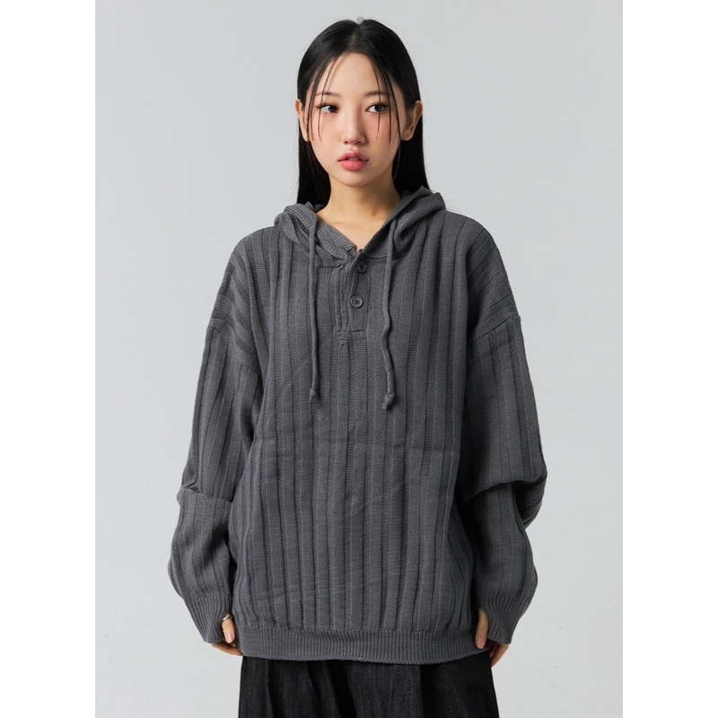 Buttoned Hooded Sweater CO323|Dark gray|Light beige|Black|M/L