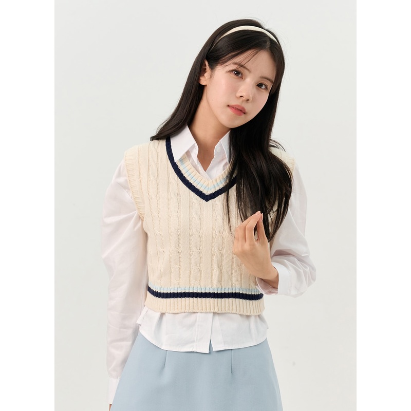 Cable V-Neck Crop Vest OO327|Light beige|Pink|Light blue|Dark blue|S/M