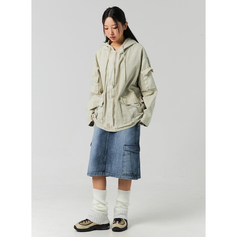 Cargo Washed Denim Midi Skirt CO323