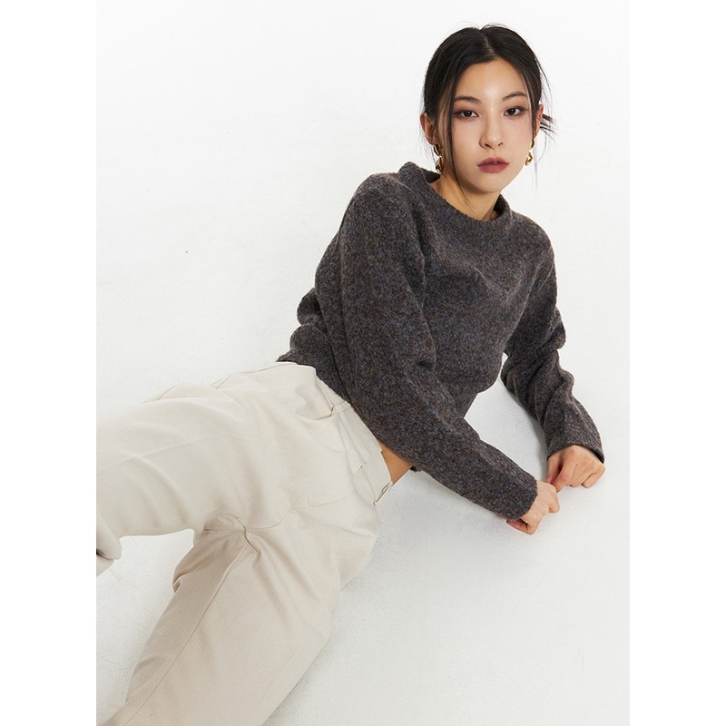 Crew Neck Knit Sweater IN308|Dark brown|Beige|Dark beige|Orange|Light blue|S/M