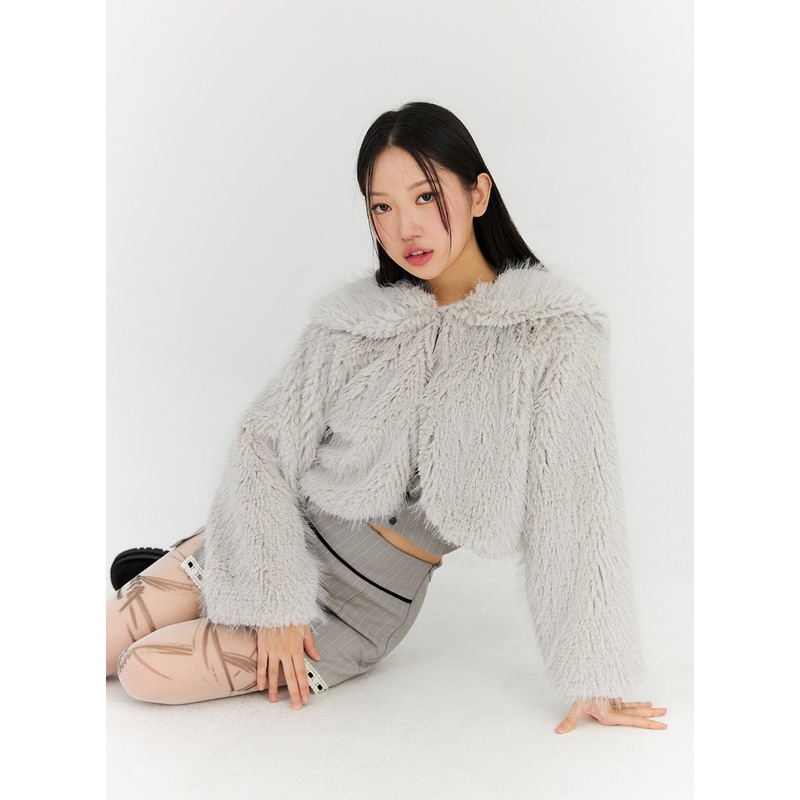 Crop Faux Fur Jacket CN314|Light gray|Light beige|S/M