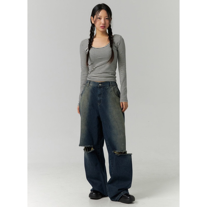 Destroyed Washed Wide Leg Jeans CN324