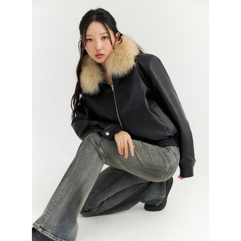 Faux Leather Jacket with Fur Collar CN303