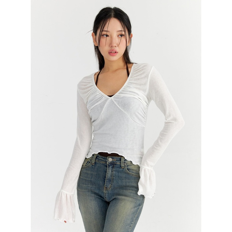 Mesh V-Neck Shirred Crop Top CO327