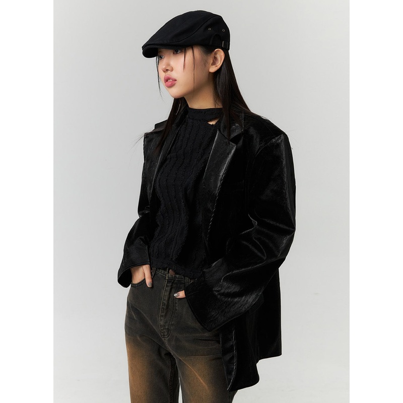 Oversized Faux Leather Tailored Jacket CN324