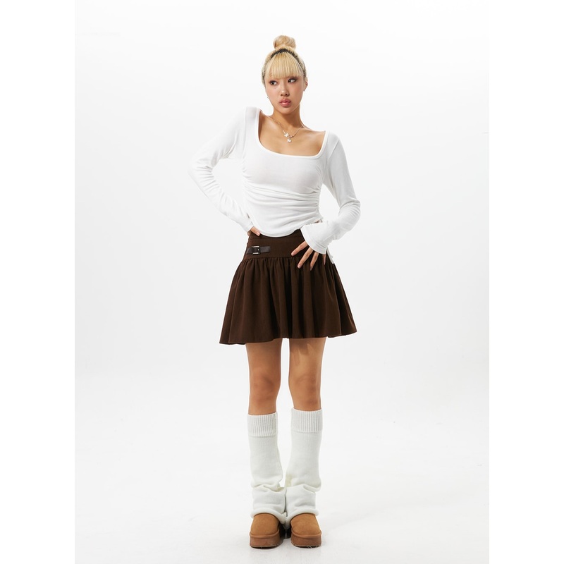 Pleated Corduroy Skirt with Buckle IO324