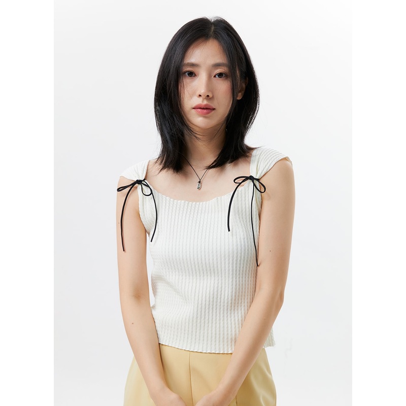 Ribbon Sleeveless Top OL325|Light beige|Light pink|Black|S/M