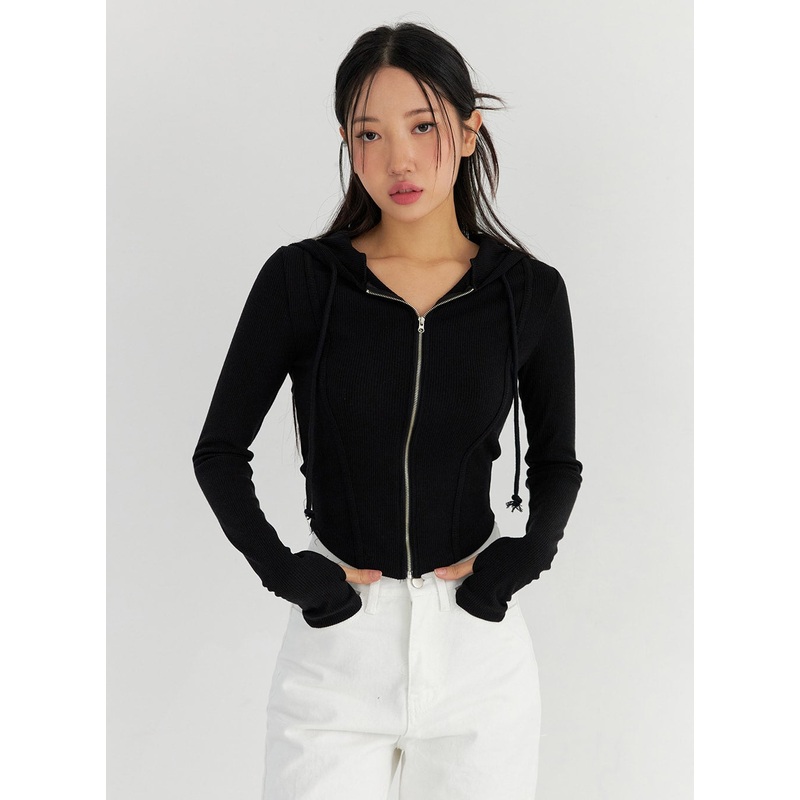 Round Hem Hooded Zip-Up CO327|Black|Brown|Light beige|S/M