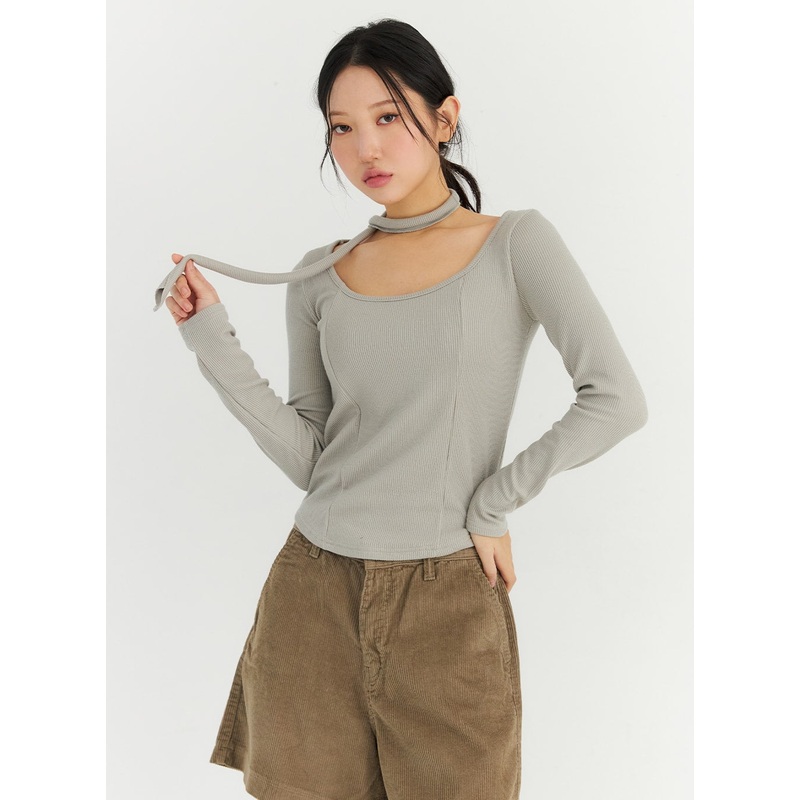 Slim Fit U-Neck Long Sleeve Top with Scarf CN303
