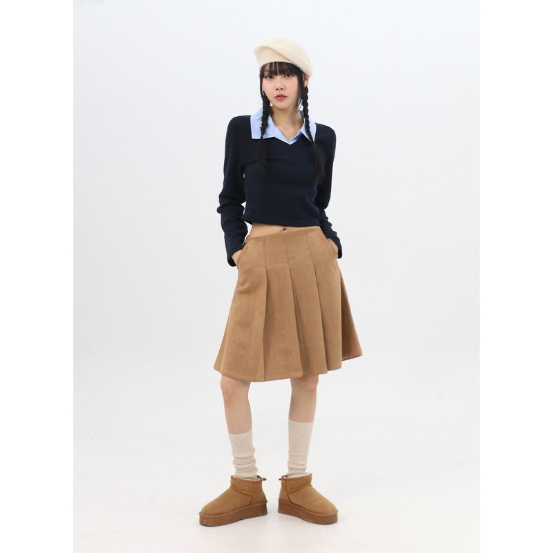 Suede Pleated Midi Skirt IN310