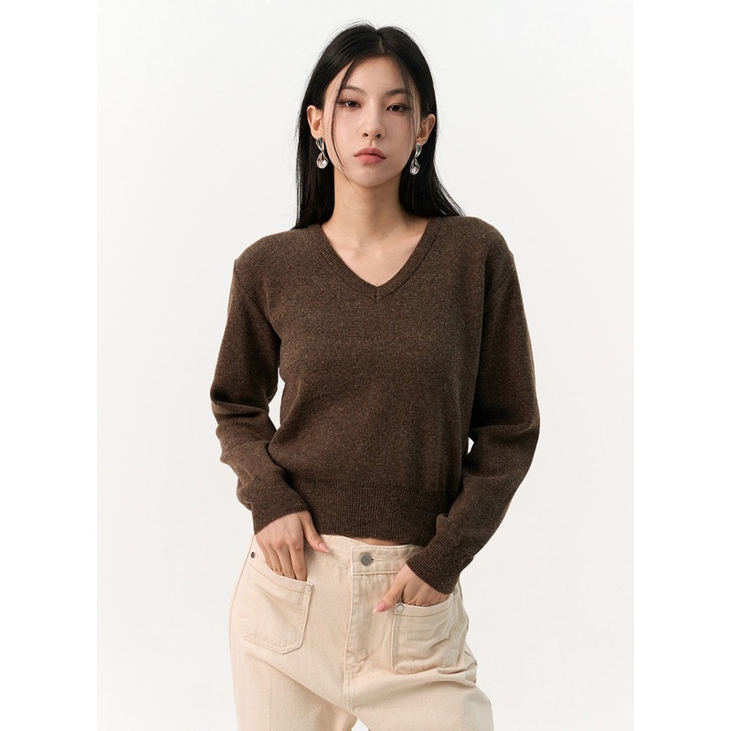 V-Neck Sweater IO320|Dark brown|White|Light beige|Yellow|Red|Dark blue|Gray|Black|S/M