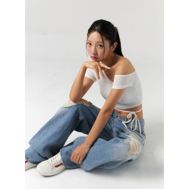 Waist Strap Cropped Tee CU326|White|Dark green|Gray|Black|S/M
