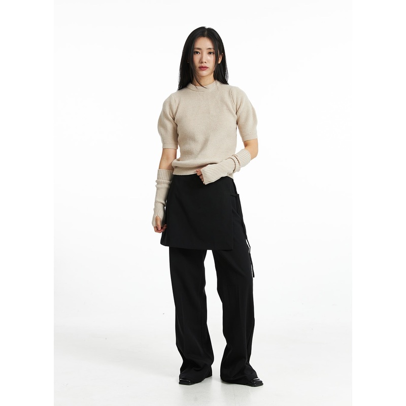 Wrap Tailored Pants OO323|Black|Light beige|S|M