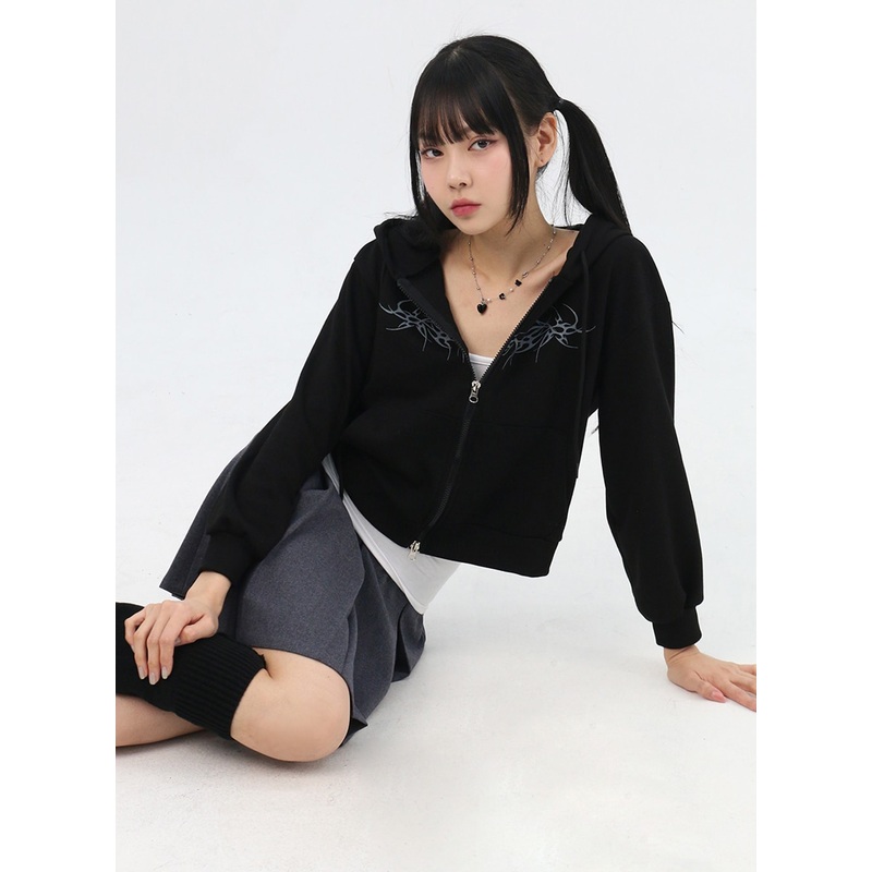 Zip-Up Graphic Crop Hoodie IN314