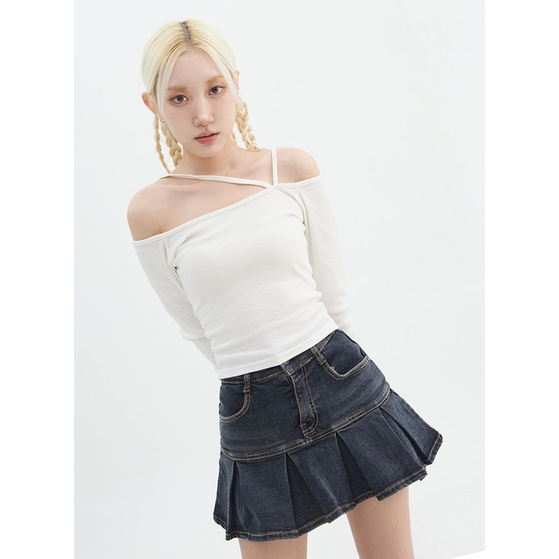 Asymmetrical Neck Off Shoulder Crop Tee IN327