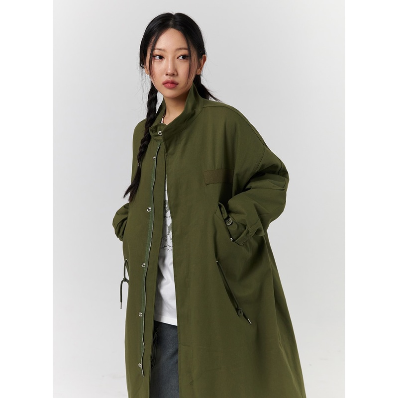 Collar Solid Zipper Drawstring Long Jacket CD328