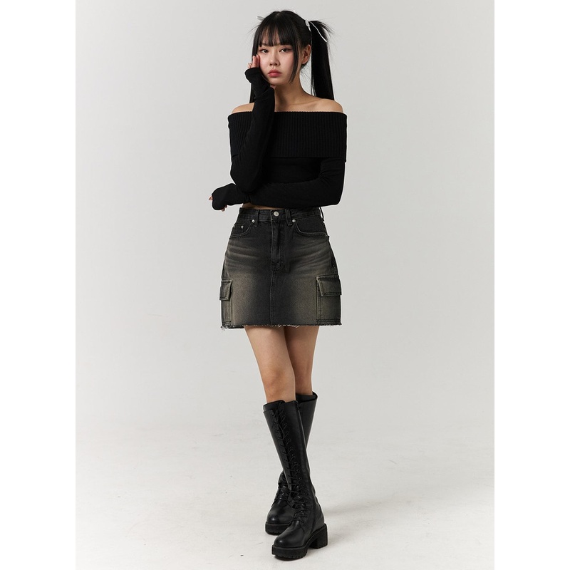 Denim Mid Waist Ripped Mini Skirt CJ405