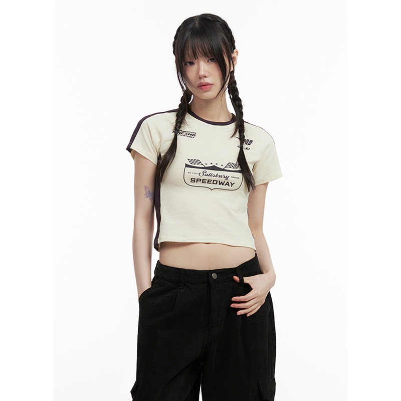Graphic Two Color Tee CY312|White|Light beige|Black|S/M