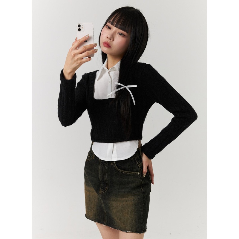 Layered Shirt Buttoned Crop Top CJ404
