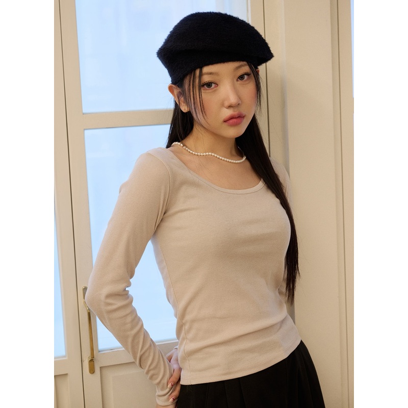 Long Sleeve U-Neck Top OD327|Beige|Black|Dark blue|White|Gray|S/M