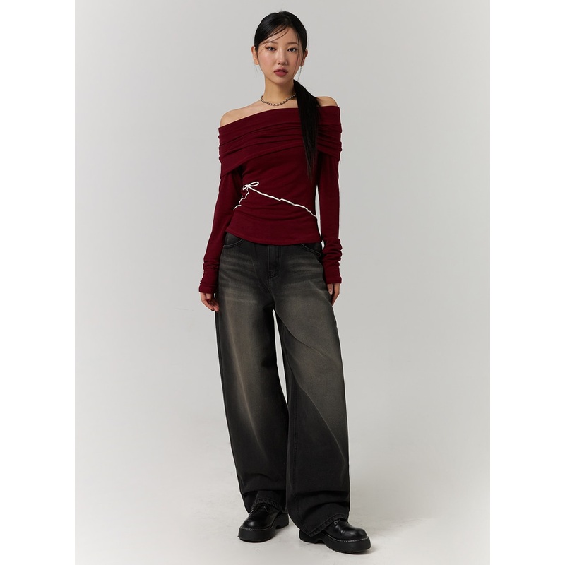 Mid Waist Wide Leg Washed Jeans CD329