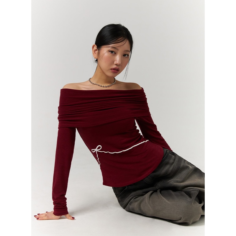 Off-Shoulder Solid Ruched Long Sleeve Top with Ribbon Detail CD329