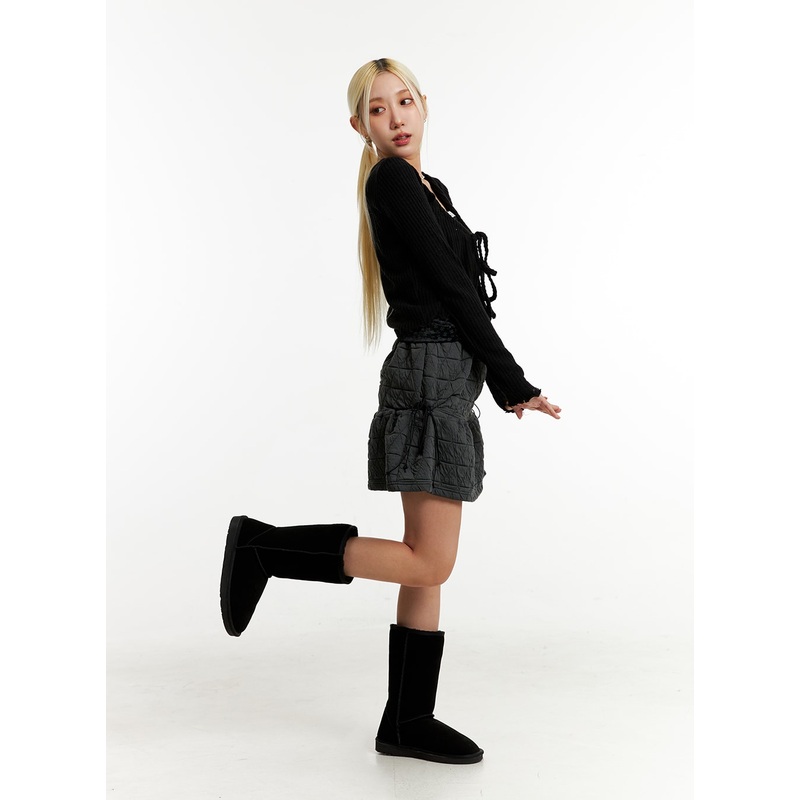 Quilted Tie Mini Skirt ID315|Dark gray|Light beige|S/M