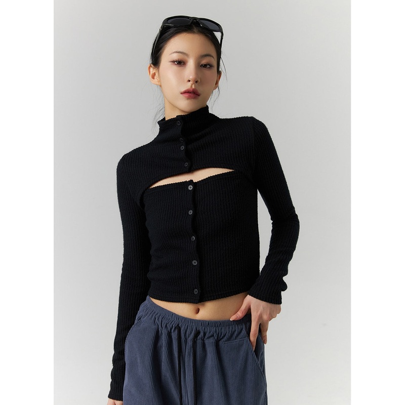 Rib Solid Cut Buttoned Cardigan ID305