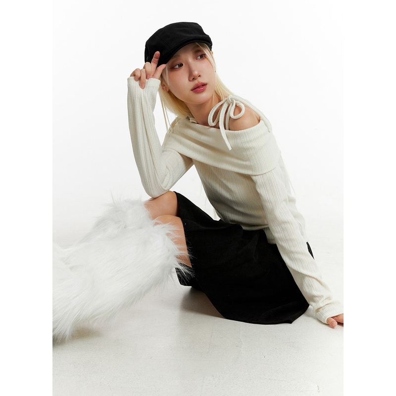 Ribbed Off-Shoulder Long Sleeve Top ID315