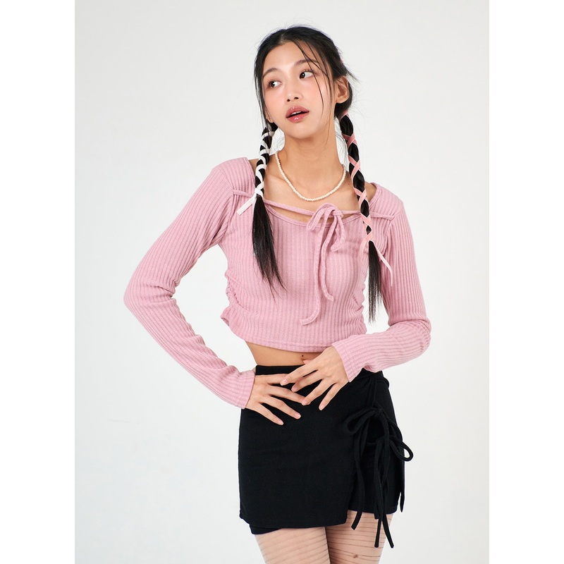 Round Neck Drawstring Ribboned Crop Long Sleeve IJ402