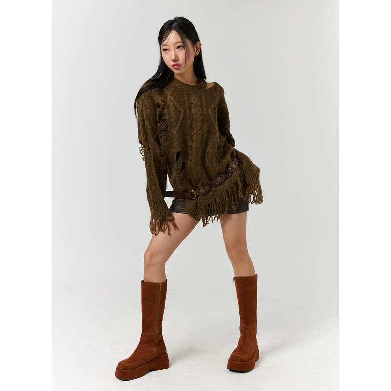 Round Neckline Distressed Knitted Long Sleeve Top CD328