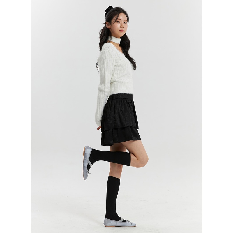 Satin Frill Mini Skirt OD318|Black|White|S/M