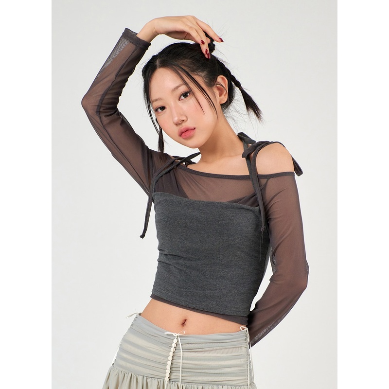 Sheer Long Sleeve Top & Halter Tank Top Set IJ402