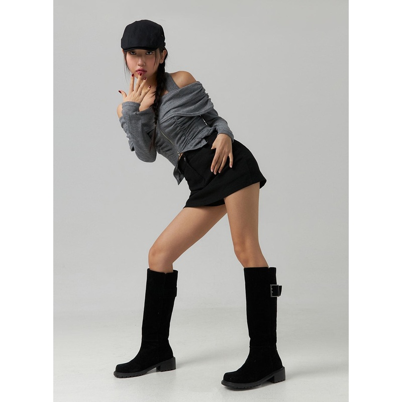 Shirred Off-Shoulder Zip-Up Crop Top CD307