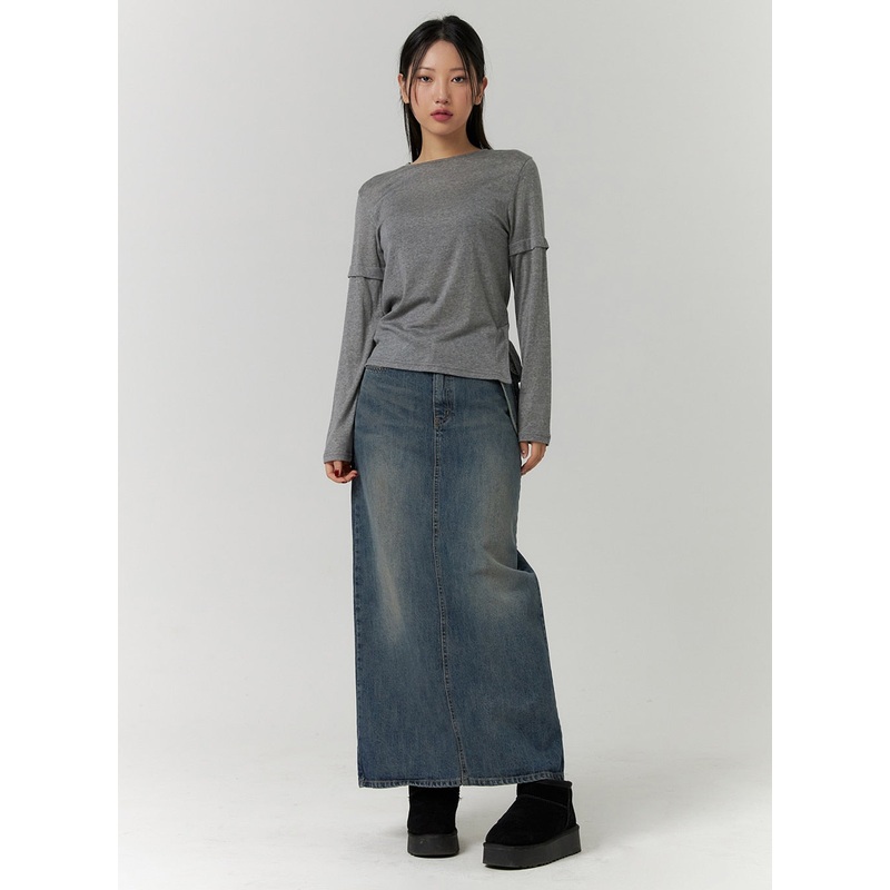 Solid Denim Maxi Skirt CD315|Blue|Black|S|M