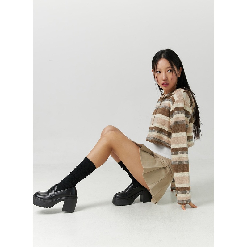 Striped Shirring Hooded Crop Sweater CD301