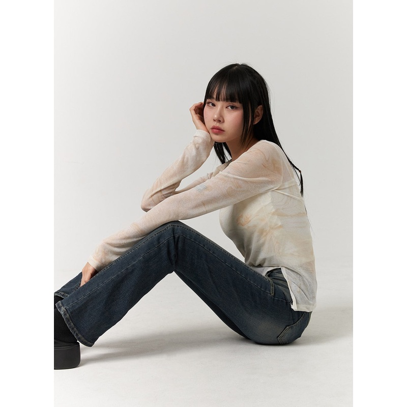 Unbalanced Slit Sheer Long Sleeve Tee CJ405