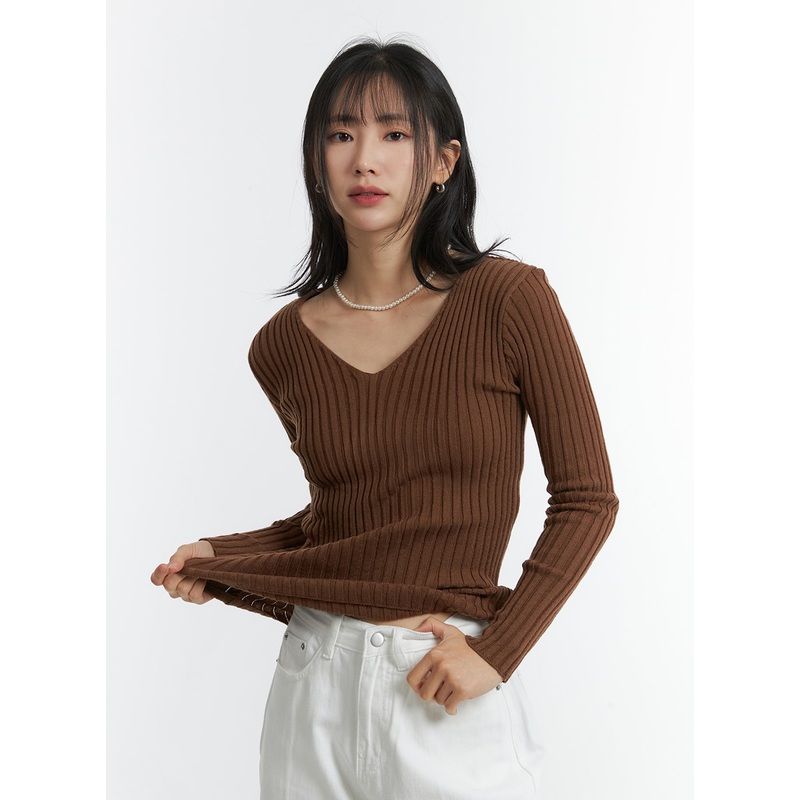 V-Neck Wool Rib Sweater OD315|Brown|Black|Light beige|Purple|Green|Dark pink|Beige|S